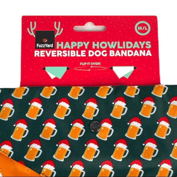 FuzzYard Christmas Santa Hat Beer Mugs Reversible Bandana, Green, Golden, M/L - Picture 5 of 7